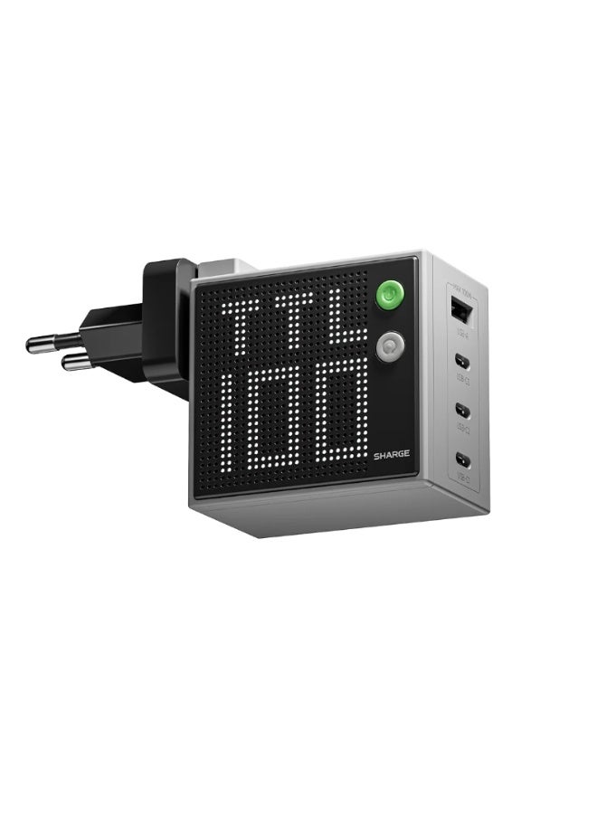 شاحن SHARGE Pixel 100 بتقنية GaN وقوة 100 واط، شاحن سريع بثلاثة منافذ USB-C وشاشة عرض بنمط النقاط (Dot-Matrix)، مع قابس قابل للطي وتقنية GaN - لون رمادي