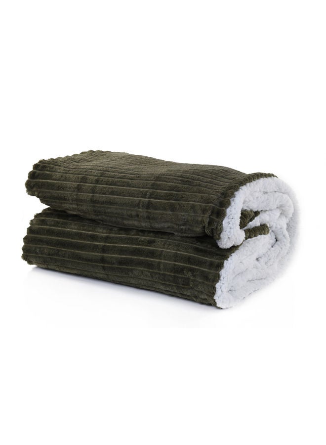 Mintra Blanket Double Sided Sherpa & Strip Soft Flannel Olive Green 220x240 - Image 1