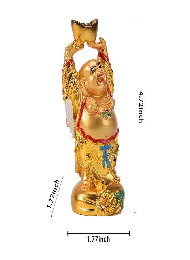 BRABUD Resin Feng Shui Golden Laughing Buddha Holding Ingot Statue Wealth Luck Home Office Decor Collectible Gift 4.7'' TQZDBS014 - Image 2