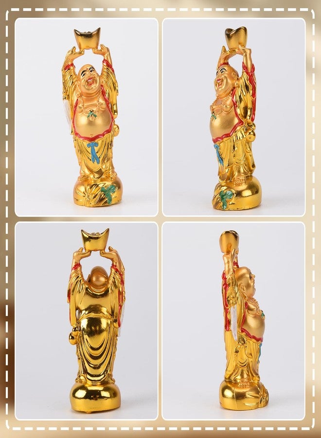 BRABUD Resin Feng Shui Golden Laughing Buddha Holding Ingot Statue Wealth Luck Home Office Decor Collectible Gift 4.7'' TQZDBS014 - Image 4