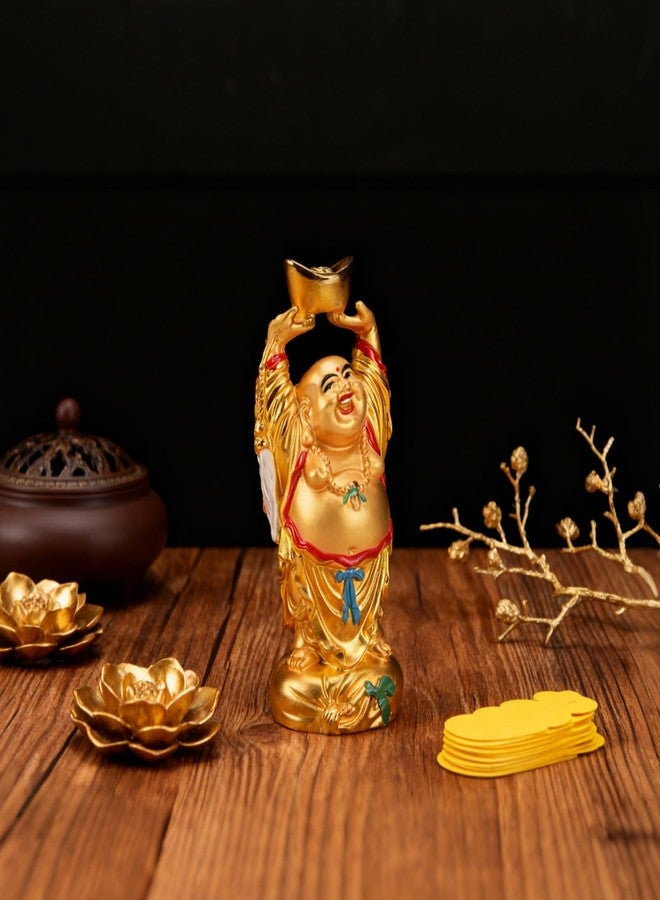 BRABUD Resin Feng Shui Golden Laughing Buddha Holding Ingot Statue Wealth Luck Home Office Decor Collectible Gift 4.7'' TQZDBS014 - Image 5