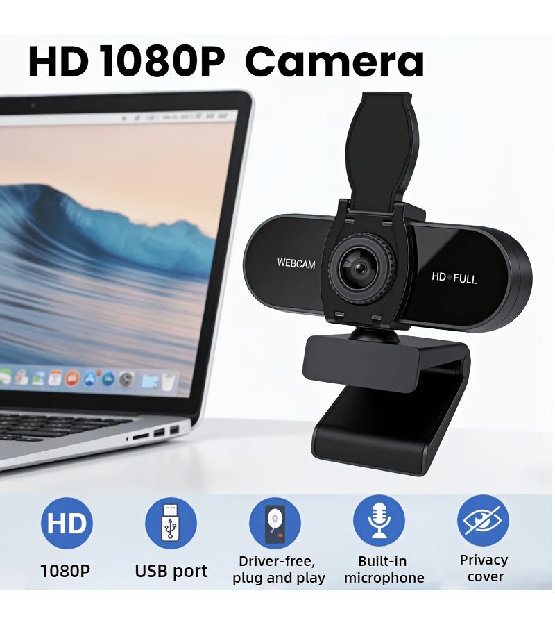 كاميرا ويب USB سوداء بدقة 1080P مخصصة لأجهزة الكمبيوتر مع ميكروفون لتقليل الضوضاء وتركيز يدوي وتدوير 360 درجة للعمل عن بُعد، مؤتمرات الفيديو، والبث المباشر. - Image 1