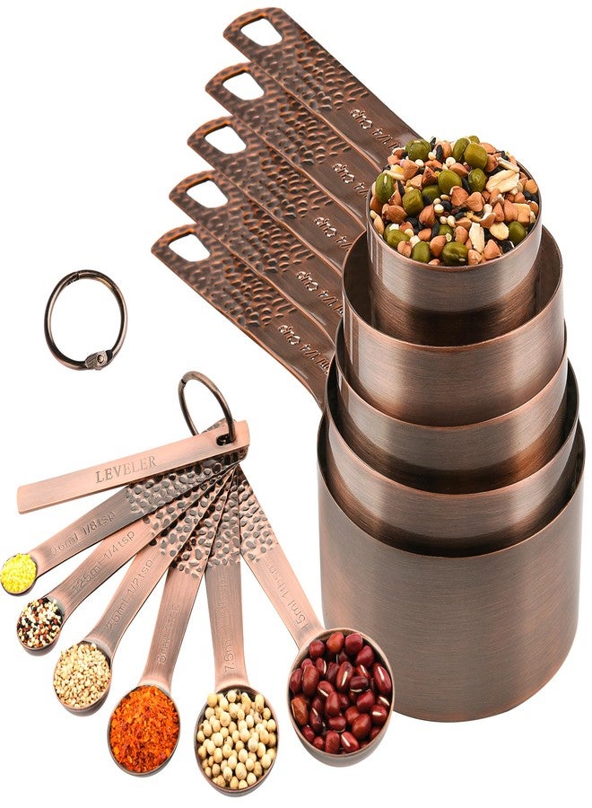 Smithcraft Copper Measuring Cups and Spoons Set 11, Dry Metal Measuring Cup Set for Cooking&Baking, Stainless Steel Measuring Cups and Spoons, 5 Measure Cups and 6 Kitchen Measurement Spoons & Leveler - Image 1
