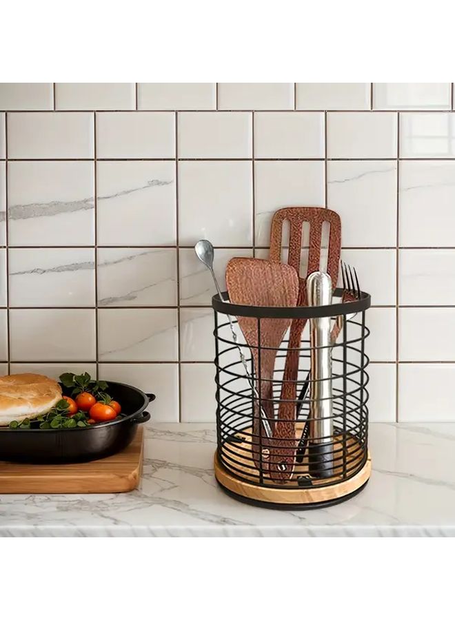 Black Cast Iron Rotating Cutlery Storage Rack With Wooden Base Space Saving Kitchen Utensil Holder - Image 2