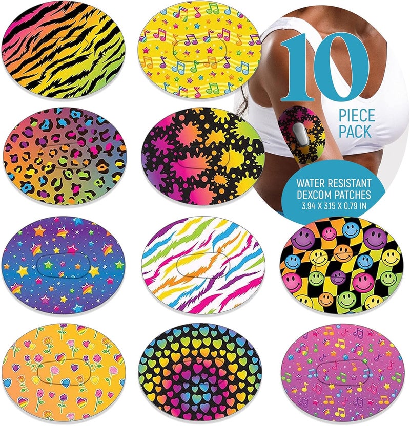 Dexcom Adhesive Mix Design - Adhesive Patches with Split Backing, Easy to Apply x 10 Pack Fluro Mix