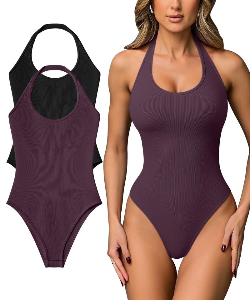 OQQ Women Halter Neck Bodysuits 2 Pack Sleeveless Shapewear One Piece Leotard Shirt Going Out Tops Black Darkpurple - Image 1