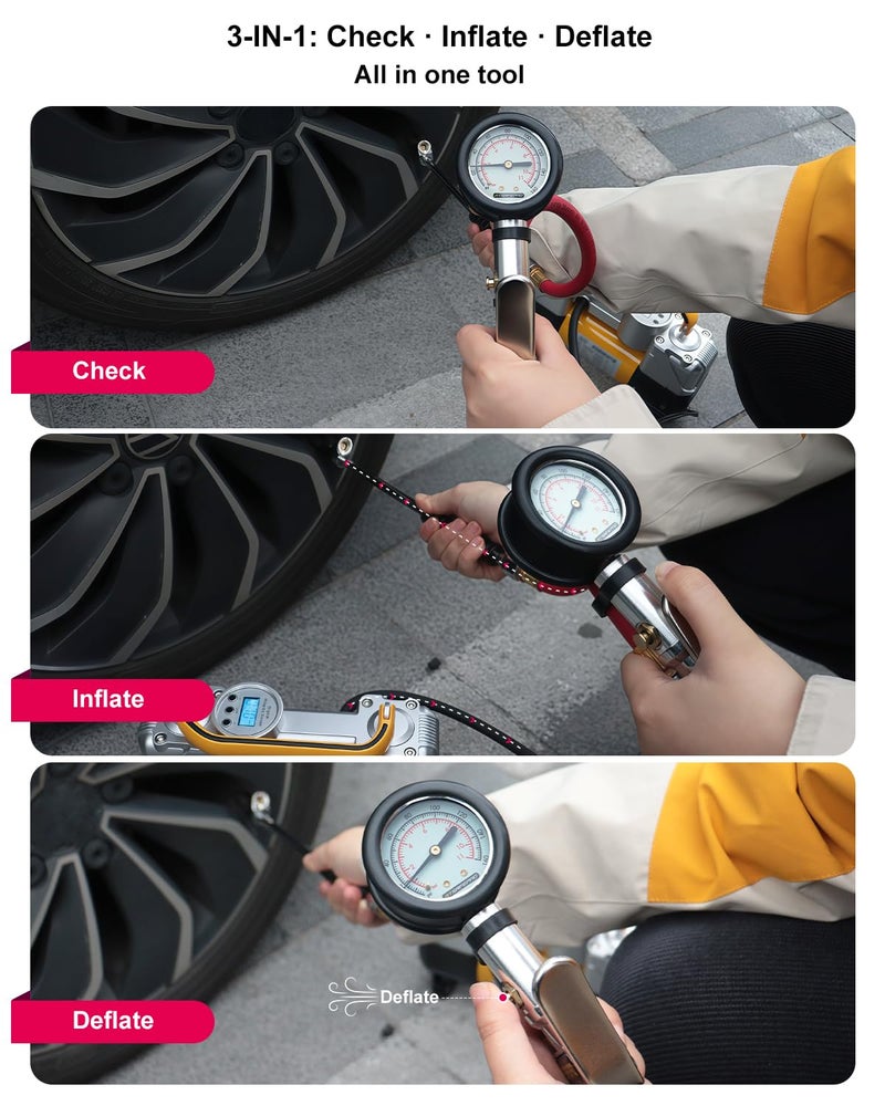 ATsafepro Tire Inflator with Gauge, 10-160 PSI, 12-Inch Extended Straight Air Chuck with Pressure Gauge for Dual Wheels, 1/4 NFT & Quick Plug, Tire Pressure Checker for Trucks, RVs, Trailers - Image 3