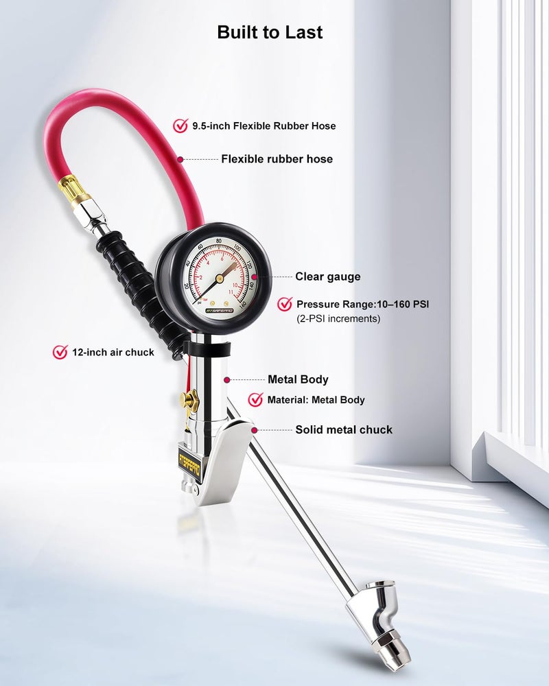 ATsafepro Tire Inflator with Gauge, 10-160 PSI, 12-Inch Extended Straight Air Chuck with Pressure Gauge for Dual Wheels, 1/4 NFT & Quick Plug, Tire Pressure Checker for Trucks, RVs, Trailers - Image 5