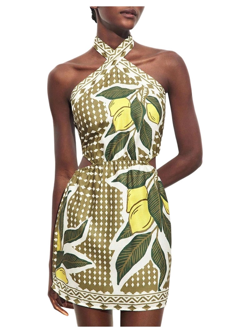 MakeMeChic Women's Boho Mini Dress Summer Beach Vacation Halter Dresses Floral Sundress Mocha Green Medium - Image 1