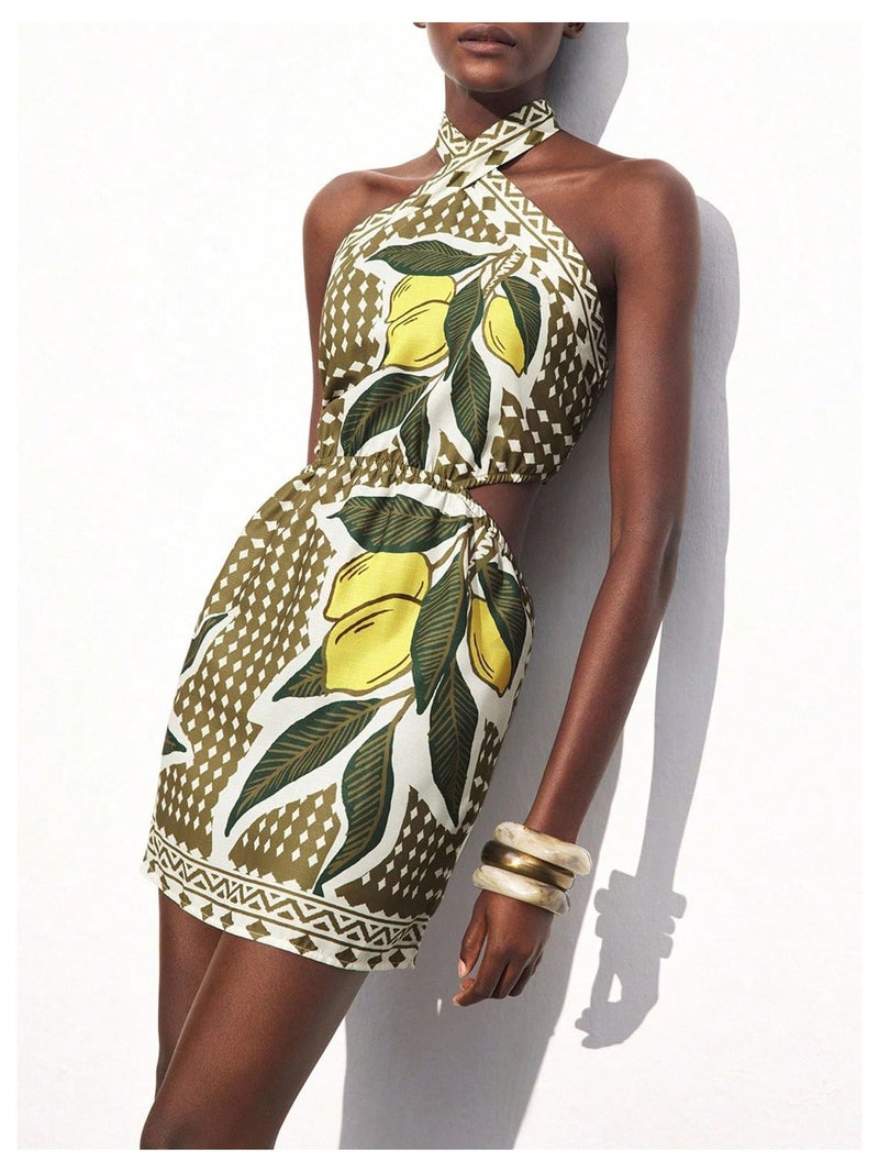 MakeMeChic Women's Boho Mini Dress Summer Beach Vacation Halter Dresses Floral Sundress Mocha Green Medium - Image 2
