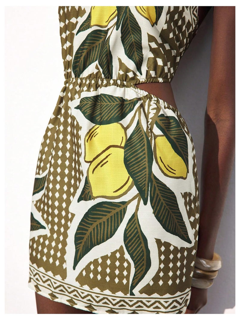 MakeMeChic Women's Boho Mini Dress Summer Beach Vacation Halter Dresses Floral Sundress Mocha Green Medium - Image 5