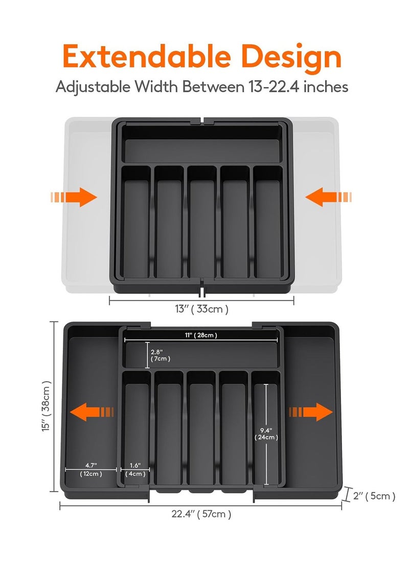 Arabest Silverware Drawer Organizer, Expandable Utensil Tray for Kitchen, Flatware and Cutlery Holder, Adjustable Plastic Storage for Spoons Forks Knives, Large, Black  - Image 3