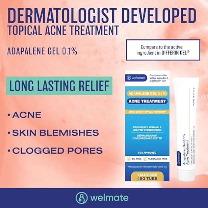 WELMATE - Adapalene Gel 0.1% (2 Pack) Acne Treatment - Once Daily Topical Retinoid - Oil Free - Fragrance Free - Previously Prescription Only - Value Size - Over-the-Counter Medication - Skin Care - Image 2