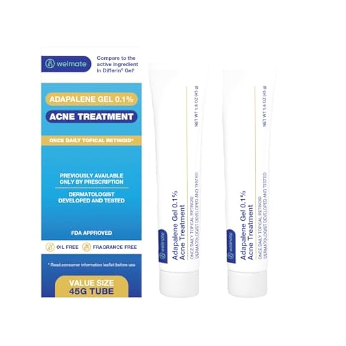 WELMATE - Adapalene Gel 0.1% (2 Pack) Acne Treatment - Once Daily Topical Retinoid - Oil Free - Fragrance Free - Previously Prescription Only - Value Size - Over-the-Counter Medication - Skin Care - Image 1