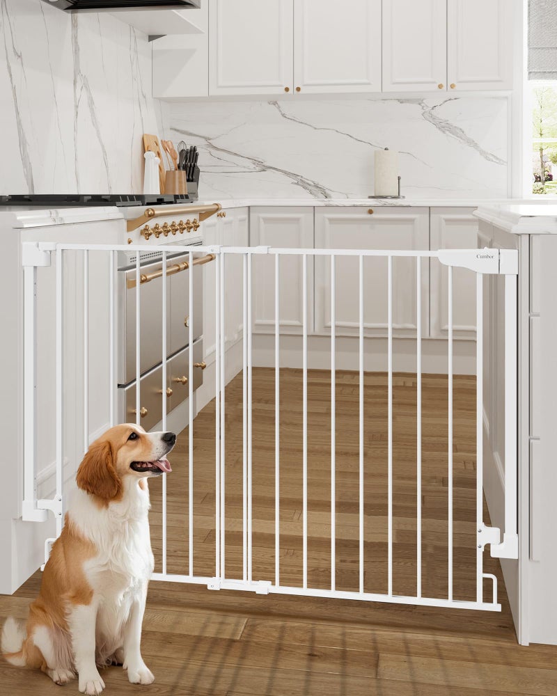 Cumbor 34" Extra Tall Baby Gate for Stairs, Wall-Mounted (Drill Required), Expandable 31.6-48" No Bottom Bar Dog Gate Indoor for Larger Pets, Large Walk Thru Door for Easy Access (White) - Image 1