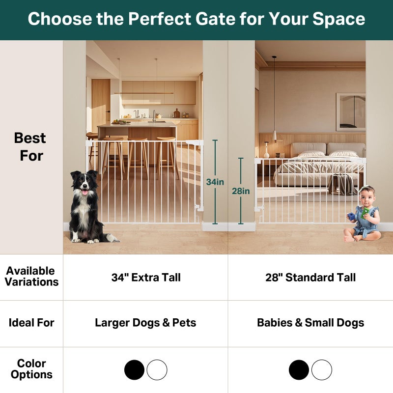 Cumbor 34" Extra Tall Baby Gate for Stairs, Wall-Mounted (Drill Required), Expandable 31.6-48" No Bottom Bar Dog Gate Indoor for Larger Pets, Large Walk Thru Door for Easy Access (White) - Image 2
