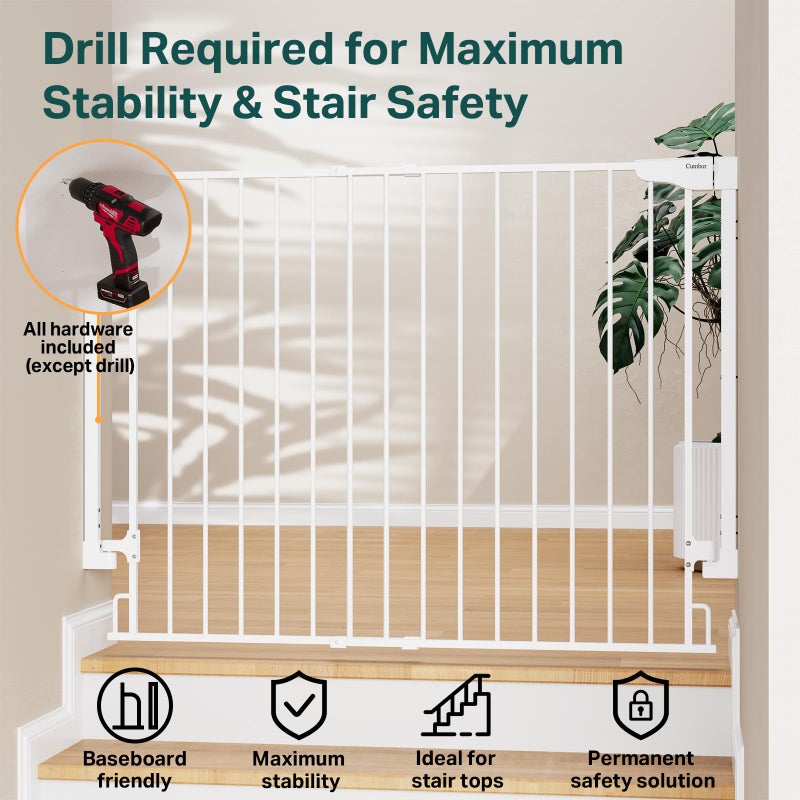 Cumbor 34" Extra Tall Baby Gate for Stairs, Wall-Mounted (Drill Required), Expandable 31.6-48" No Bottom Bar Dog Gate Indoor for Larger Pets, Large Walk Thru Door for Easy Access (White) - Image 5