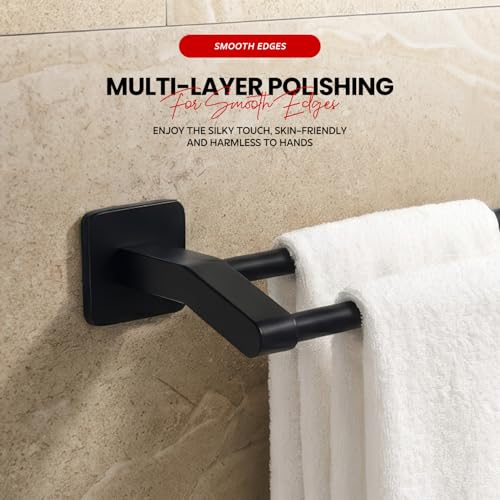 MIORAH Self Adhesive Aluminium Towel Holder for Bathroom | Wall Mounted Towel Hanger & Towel Rod | Rust - Free Powder Coated Bathroom Accessories | Space Saving Towel Rack Stand for Home Black - Image 5