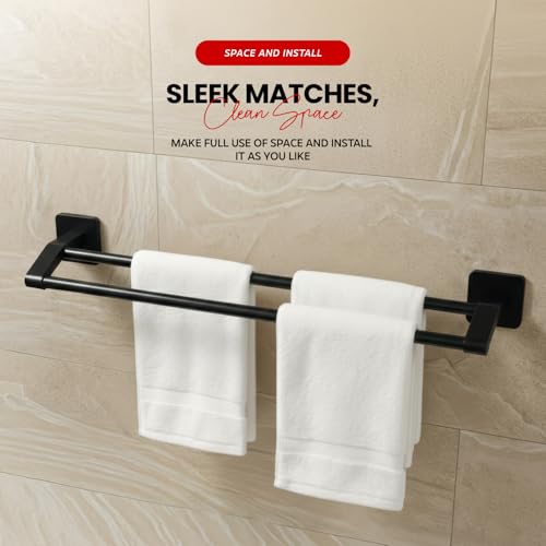 MIORAH Self Adhesive Aluminium Towel Holder for Bathroom | Wall Mounted Towel Hanger & Towel Rod | Rust - Free Powder Coated Bathroom Accessories | Space Saving Towel Rack Stand for Home Black - Image 4