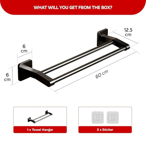 MIORAH Self Adhesive Aluminium Towel Holder for Bathroom | Wall Mounted Towel Hanger & Towel Rod | Rust - Free Powder Coated Bathroom Accessories | Space Saving Towel Rack Stand for Home Black - Image 2
