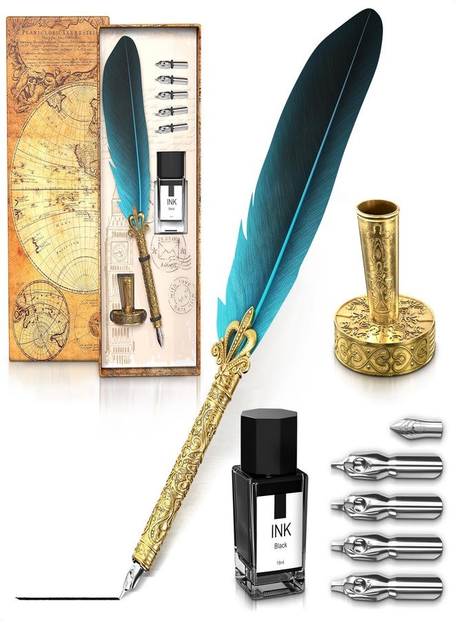 LAGARTO Vintage Feather Quill Pen and Ink Set - Elegant Blue Feather Pen and Ink Set for Signatures, Writing, and Drawing - Calligraphy Kit with Stainless Steel Nib for Beginners and Calligraphy Enthusiasts - Image 1