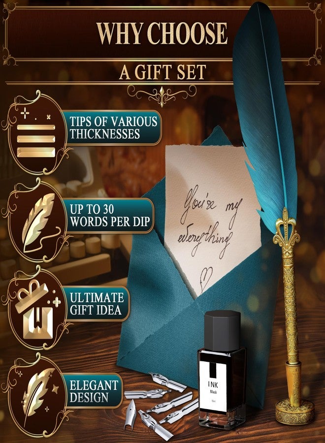 LAGARTO Vintage Feather Quill Pen and Ink Set - Elegant Blue Feather Pen and Ink Set for Signatures, Writing, and Drawing - Calligraphy Kit with Stainless Steel Nib for Beginners and Calligraphy Enthusiasts - Image 4