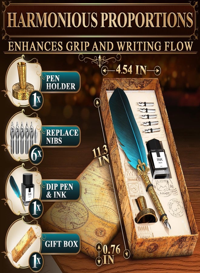 LAGARTO Vintage Feather Quill Pen and Ink Set - Elegant Blue Feather Pen and Ink Set for Signatures, Writing, and Drawing - Calligraphy Kit with Stainless Steel Nib for Beginners and Calligraphy Enthusiasts - Image 2