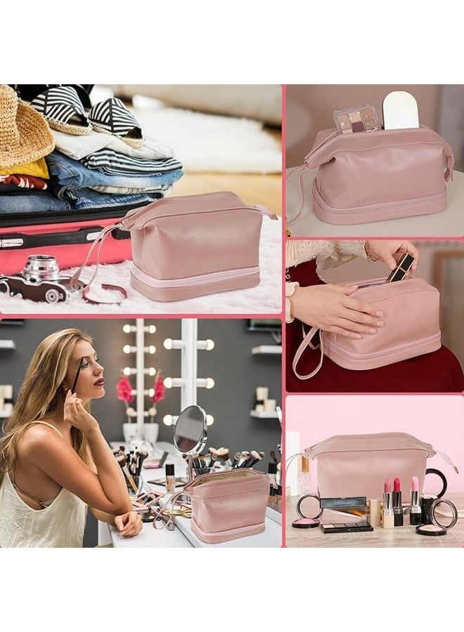 HIMART Makeup Bag, Double Layer Cosmetic Travel Bag, Waterproof Leather Makeup Bag for Women and Girls, Travel Cosmetic Organizer Bag Portable Leather Toiletry Bag. - Image 3
