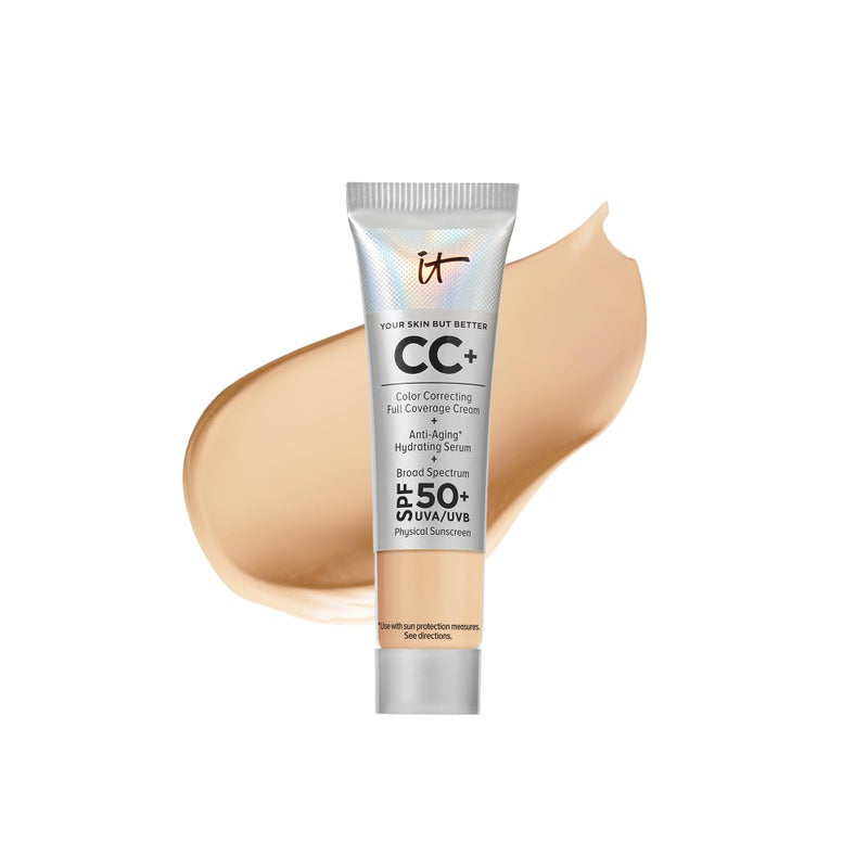 IT COSMETICS كريم سي سي من آي تي كوسميتيكس للسفر متوسط التغطية مع واقي شمس SPF 50 مصحح لون سيروم مضاد للشيخوخة مُركب مع النياسيناميد وحمض الهيالورونيك لمظهر طبيعي 04 أونصة سائلة - Image 1