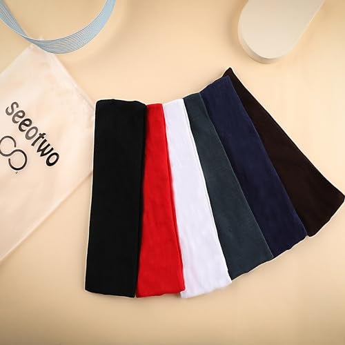 Seeotwo Elastic Sports Headbands - Athletic Hair Headband Women,Men,Boys,Girls Thin Soft Cotton Stretchy Non-Slip Stylish Sweat Band Running Yoga (6),Black,Red,Gray,Brown,White,Navy Blue) - Image 3