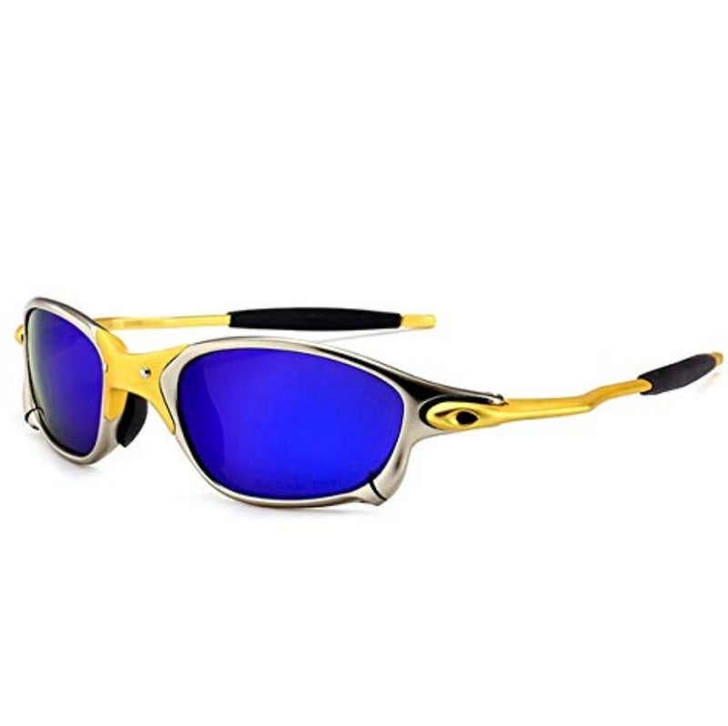 Polarized Sports Sunglasses for Men - Silver Frame with Gold Bridge and Blue Lens