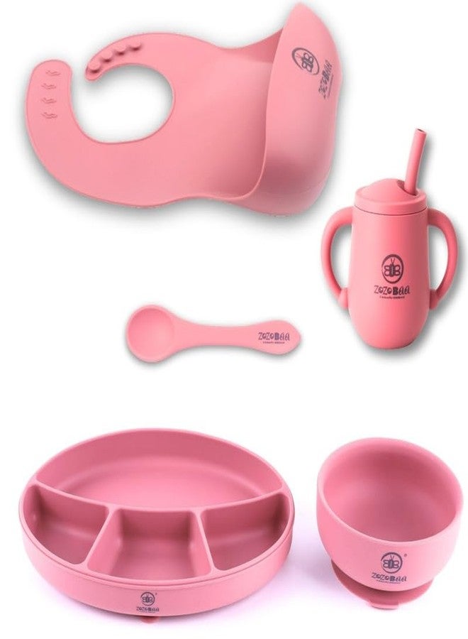 ZoZoBaa Silicone Feeding Set Including Baby Bib,Long Spoon, Straw Training Cup, Suction Base Oval Plate & Bowl for Toddler |Solid Cutlery Set | Easy Wipe Clean| Baby Weaning Sets (5 Pc), [Dark Red] - Image 1
