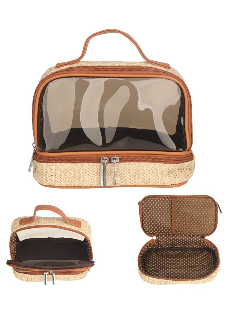 SOLARAE Boho Straw Makeup Bag, Large Toiletry Bag for Women, Double Layer Cosmetic Bag, Travel Makeup Bag, Portable Boho Straw Bag, Makeup Bag for Girls Travel Bathroom (Khaki) - Image 1