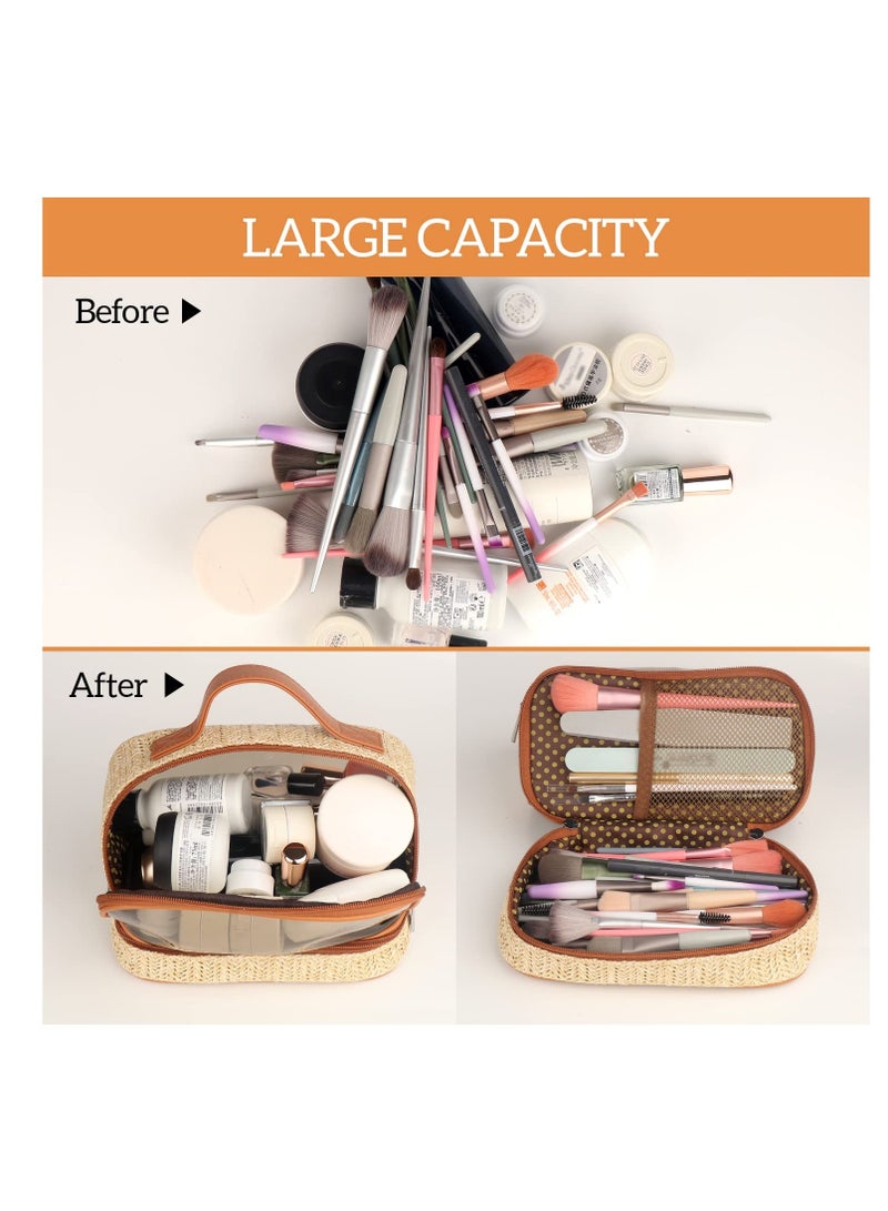 SOLARAE Boho Straw Makeup Bag, Large Toiletry Bag for Women, Double Layer Cosmetic Bag, Travel Makeup Bag, Portable Boho Straw Bag, Makeup Bag for Girls Travel Bathroom (Khaki) - Image 2