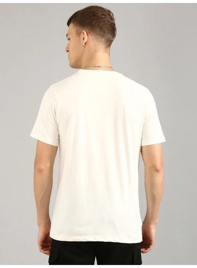 جوفن White Printed Round Neck T-Shirt for Men