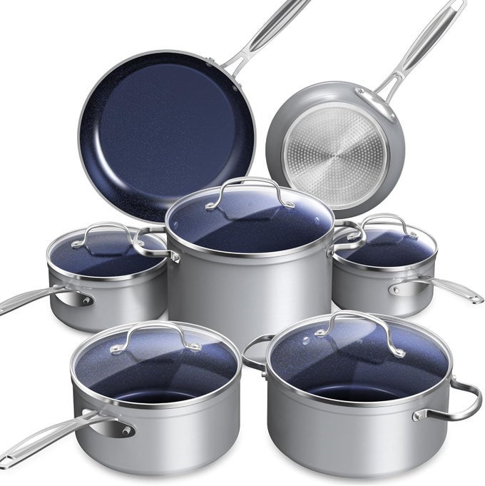 HEALTHY DURALON BLUE CERAMIC NONSTICK COOKWARE SET DIAMOND INFUSED SCRATCHRESISTANT PFAS FREE DISHWASHER OVEN SAFE INDUCTION READY EVENLY HEATS TEMPERED GLASS LIDS STAYCOOL HANDLES