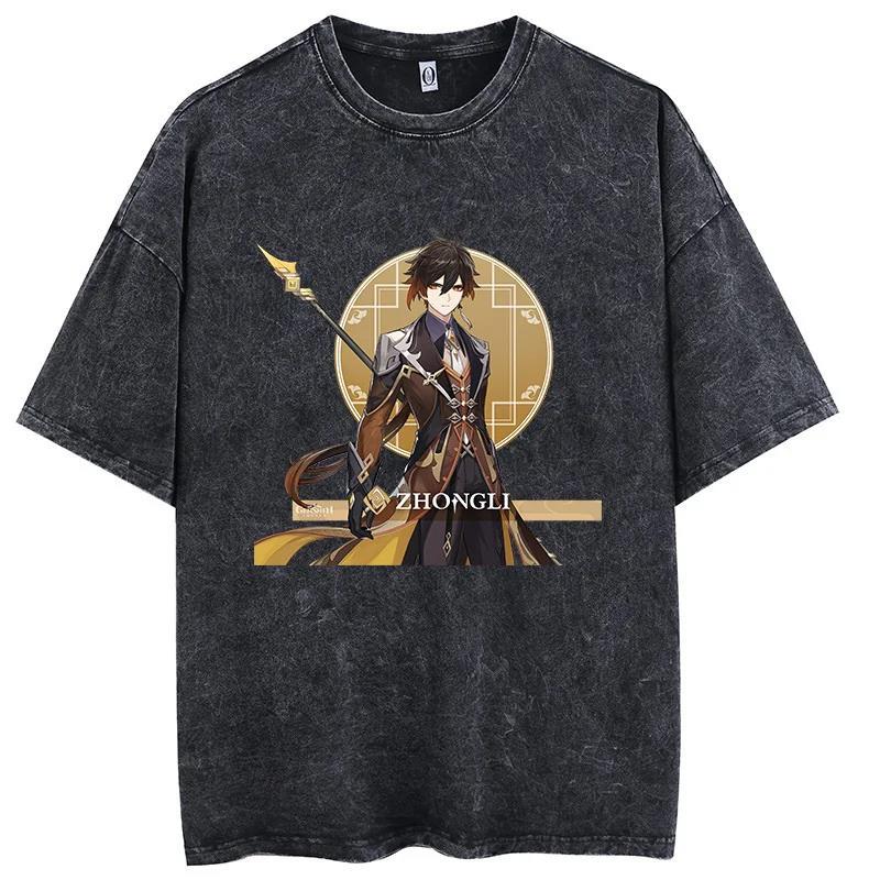 Game Genshin Impact Graphic T-Shirt Retro Washed Cotton T-Shirt Top Casual In T-Shirt Harajuku - Image 1
