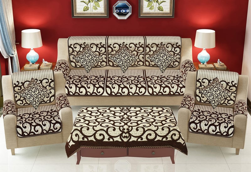 jayvaam SAWNA Homes 5 Seater Sofa Set with Cushion & Table Cover for Living Comfort - 3 and 2 Seater Arm Cover Set for Home Sofa Couch - 16 Pcs Chenille Slip Cover for Furniture Protector, (Coffee) - Image 1