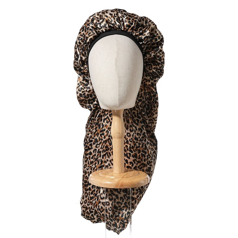 2pcs Leopard Print Satin Long Hair Bonnet Nightcap Wide Band Shower Cap - Image 3