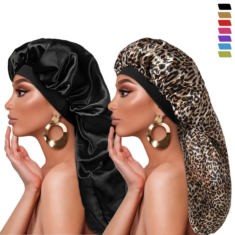 2pcs Leopard Print Satin Long Hair Bonnet Nightcap Wide Band Shower Cap - Image 1