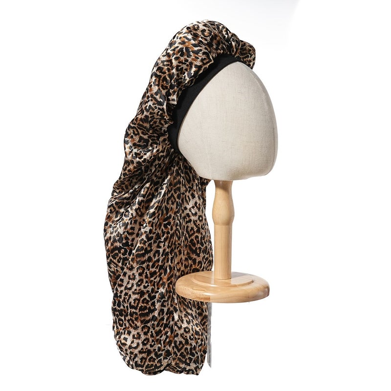 2pcs Leopard Print Satin Long Hair Bonnet Nightcap Wide Band Shower Cap - Image 5