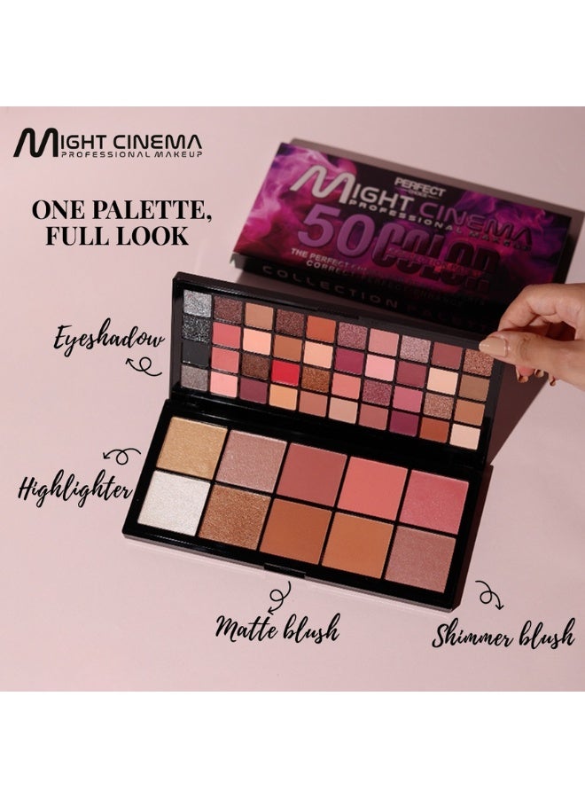 مايت سينما باليت مكياج مايت سينما الاحترافي (50 لون) – مجموعة شاملة ومتكاملة الكل في واحد (ظلال عيون، بلاشر، هايلايتر) – ألوان مطفية ولامعة لإطلالة كاملة ومحترفة – اختيار الخبراء لتصحيح، تحسين، وتجميل ملامح الوجه – ثبات طويل وجودة دمج فائقة. - Image 4