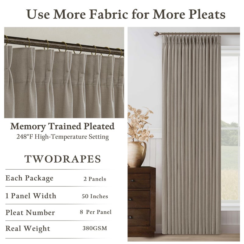 TWODRAPES Taupe Pleated Linen Curtains 102 Inches Long for Living Room 2 Panels Set Greyish Beige Flax Pinch Pleat Drapes Back Tab Farmhouse Ceiling Floor 102 Inch Window Curtains Bedroom Burlywood Birch - Image 5