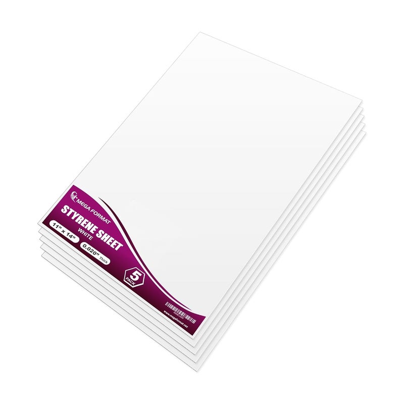 MEGA FORMAT لوح بلاستيك مرن من بوليسترين أبيض 11" × 14" (.020 سمك) لوح ستيرين، مثالي لمشاريع النمذجة، العروض، أوراق بلاستيكية للحرف، أوراق ستيرين لوح بلاستيك متين (5 عبوات) - Image 1