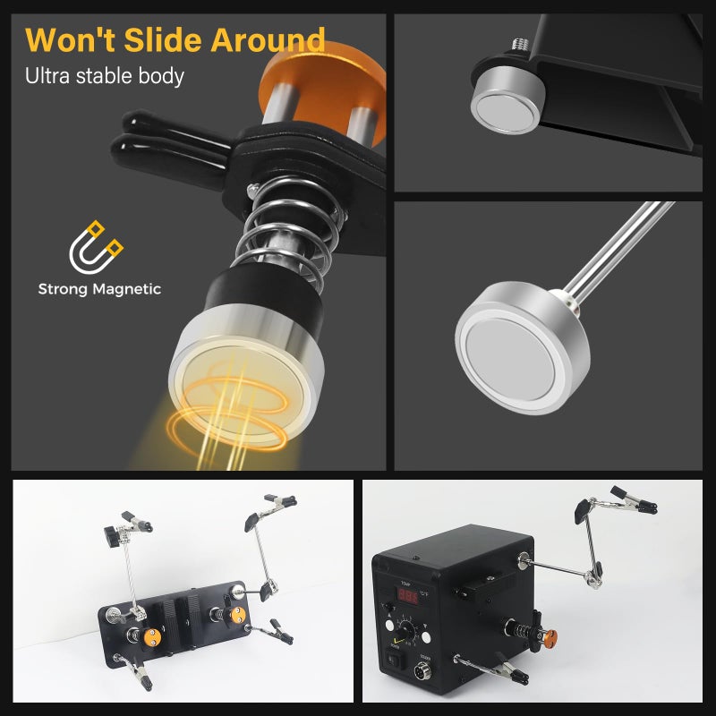 NOEVSBIG Magnetic Helping Hands Clamp Metal, Adjustable Third Hand Soldering Holder Stand For Small Electronics, Hobby DIY, Craft, PCB Repair, Precise Work, Exclusive Dual-Head Ultra-Grip (Yellowblack, long) - Image 4