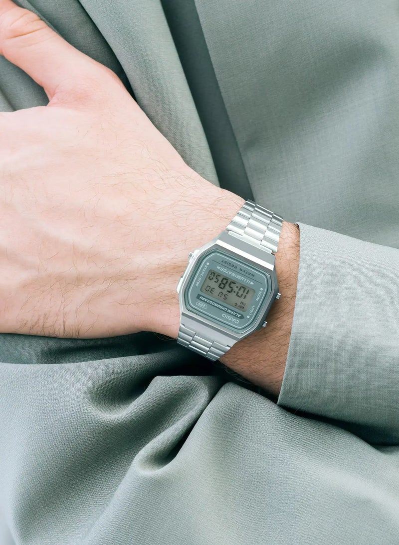 Casio A168WA-3AY Vintage Digital Stainless Steel Men's Watch, Green - Image 3