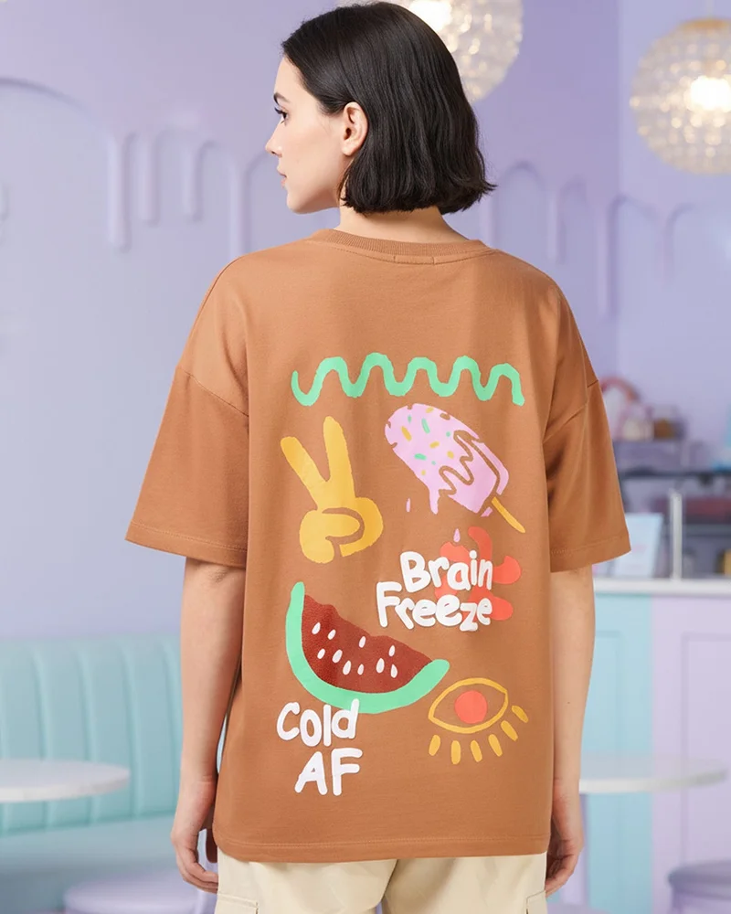 بيواكوف Women's Caramel Orange Brain Freeze Graphic Printed Oversized T-shirt