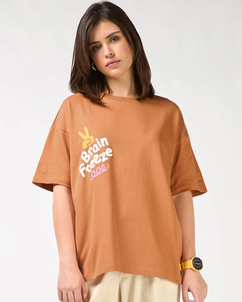 بيواكوف Women's Caramel Orange Brain Freeze Graphic Printed Oversized T-shirt