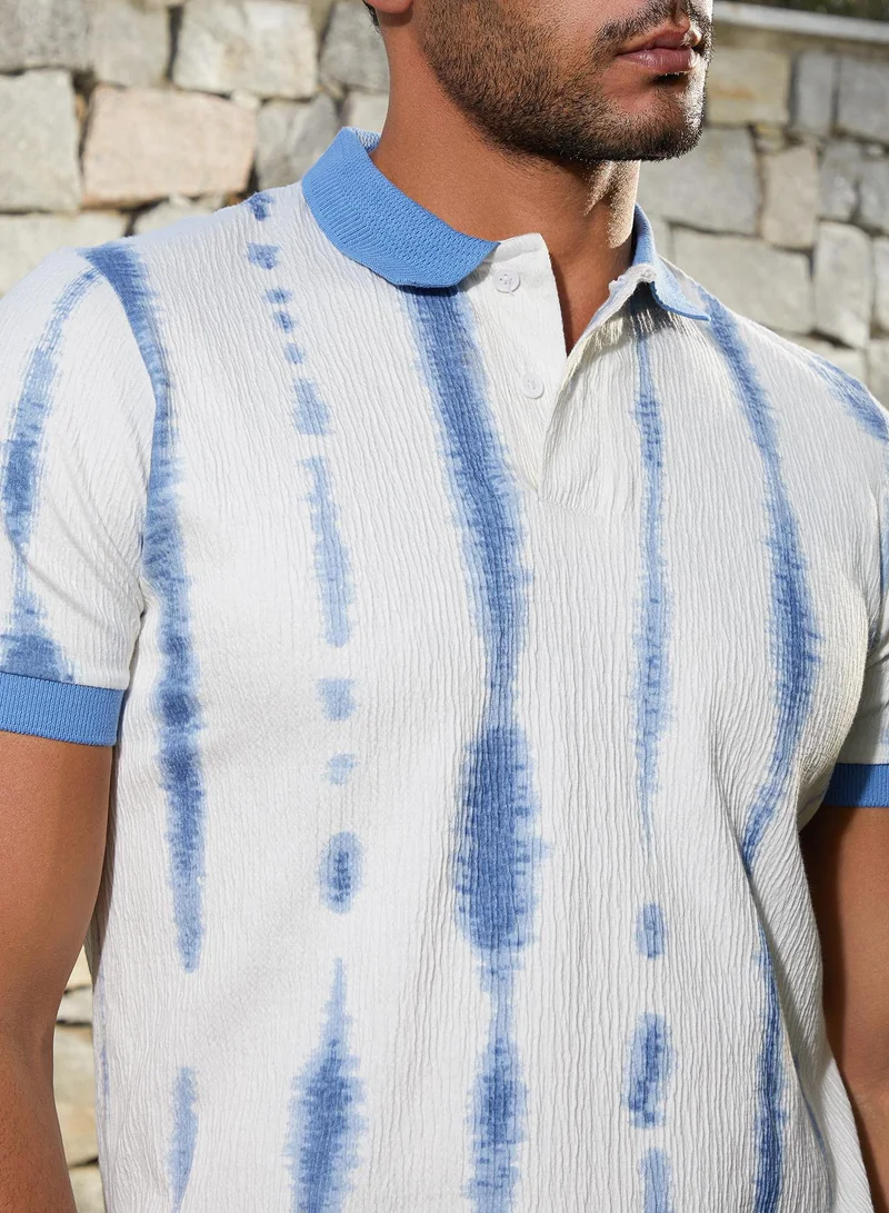 CAHOOT  Men's Powder Blue & Daisy White Tie-Dye Tactile Polo T-Shirt for Men | Best Price UAE