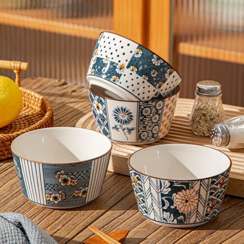 OLWICK Japanese Style Ceramic Snack Bowls-400ml, Handcrafted Floral & Geometric Patterns, Set of 4, (Random) - Image 1